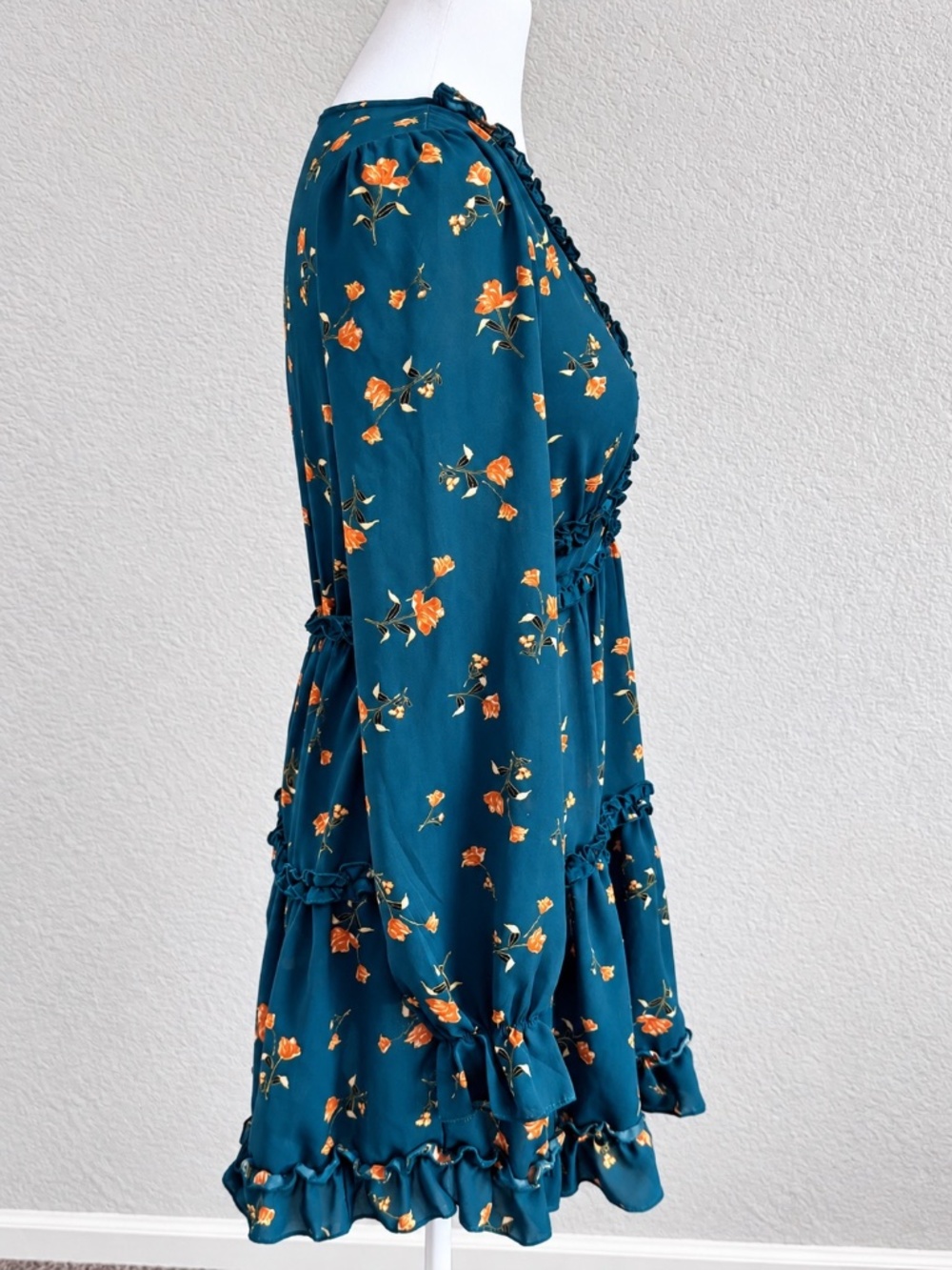 Inspired Hearts Teal Floral Ruffle Mini Dress Long Sleeve Boho Western Sz Small - Picture 6 of 11